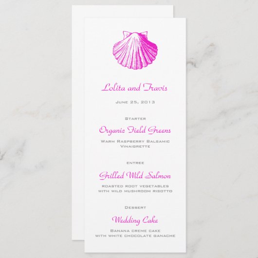 Carte menu Mariage Fuscia Sea Shell (Devant / Derrière)