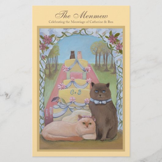 Carte menu Mariage Jaune Couple Chat (Devant)