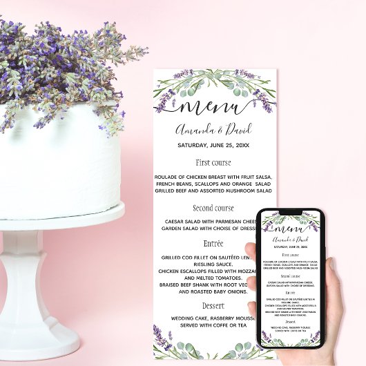 Carte menu mariage Lavender violet eucalyptus