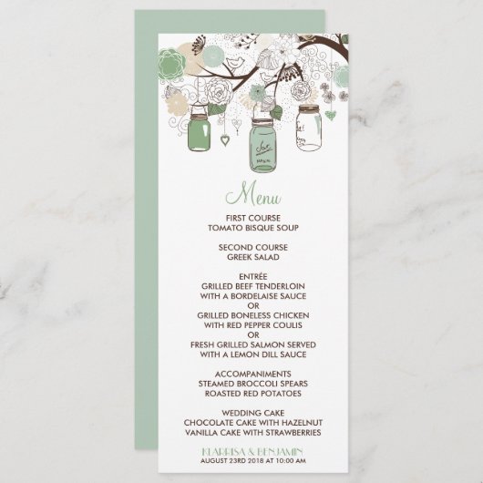 Carte menu Mariage Mint Green Mason Jars (Devant / Derrière)