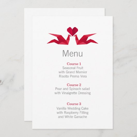 Carte menu mariage origami roux grues (Devant / Derrière)