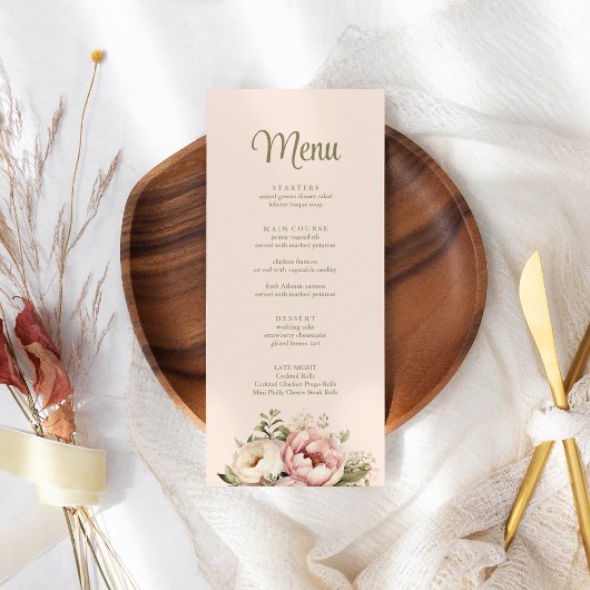 Carte menu Mariage Pale Peach et Blush Pink Floral