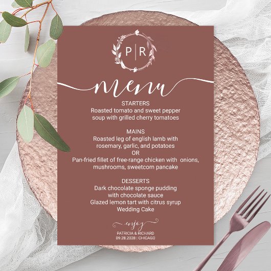Carte Menu Mariage Photo Monogramme Terracotta