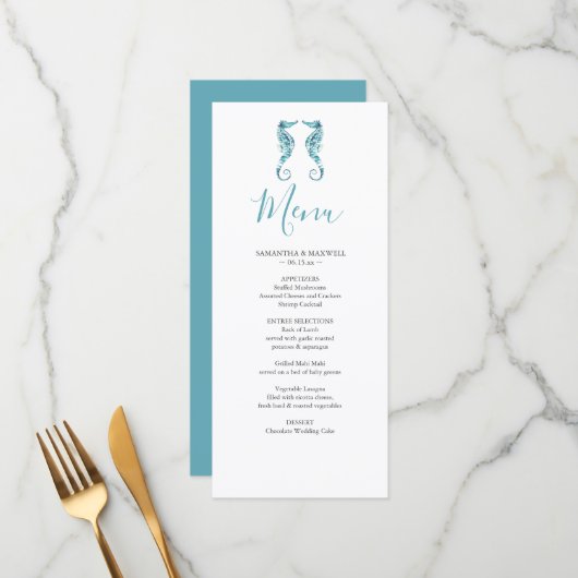 Carte Menu Mariage Plage customisée (Devant/Arrière en situation)
