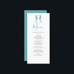 Carte Menu Mariage Plage customisée<br><div class="desc">Complétez votre fête avec ces cartes de menu de mariage de plage, la touche finale parfaite pour votre décor de mariage de plage. Conçues avec d'élégants hippocampes d'aquarelle dans des tons bleus apaisants, elles apportent le charme côtier à votre paysage de table tout en complétant n'importe quel thème de la...</div>