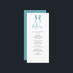 Carte Menu Mariage Plage customisée<br><div class="desc">Complétez votre fête avec ces cartes de menu de mariage de plage, la touche finale parfaite pour votre décor de mariage de plage. Conçues avec d'élégants hippocampes d'aquarelle dans des tons bleus apaisants, elles apportent le charme côtier à votre paysage de table tout en complétant n'importe quel thème de la...</div>