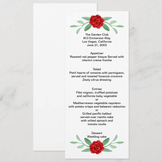 Carte menu Mariage Red Floral Greenery Foliage (Devant / Derrière)