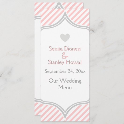 Carte menu mariage rose, blanc, rayures grises (Devant / Derrière)