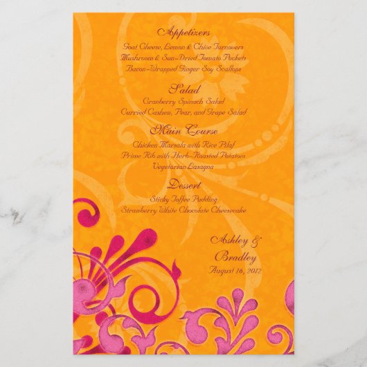 Carte menu Mariage rose et orange (Devant)