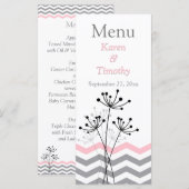 Carte menu Mariage rose, Gris Floral, Chevrons (Devant / Derrière)