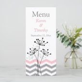 Carte menu Mariage rose, Gris Floral, Chevrons (Debout devant)