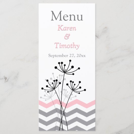 Carte menu Mariage rose, Gris Floral, Chevrons (Devant)