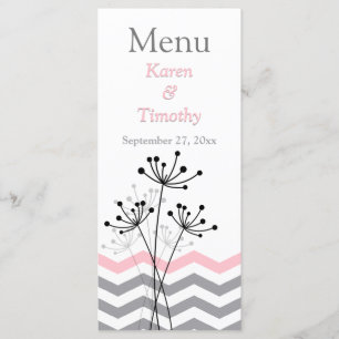 Carte menu Mariage rose, Gris Floral, Chevrons