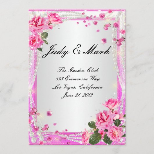 Carte Menu Mariage Roses Et Perles Roses Roses Ros (Devant)