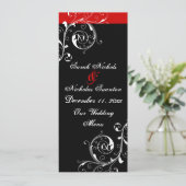 Carte menu mariage rouge, noir feuille de défileme (Debout devant)