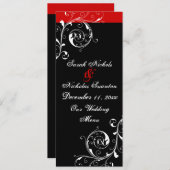 Carte menu mariage rouge, noir feuille de défileme (Devant / Derrière)