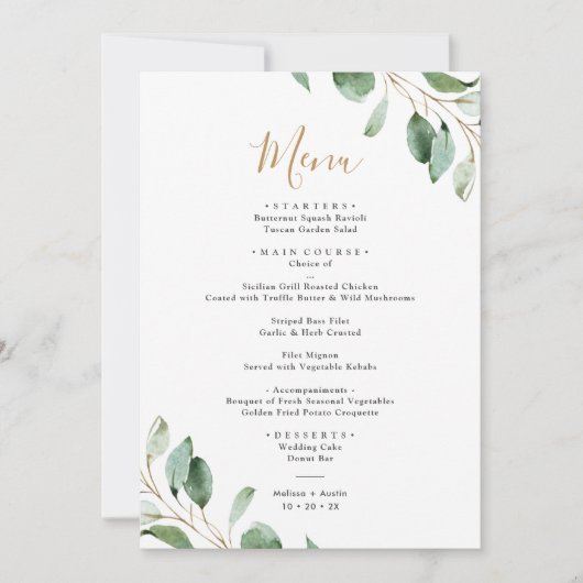 Carte menu Mariage simple Eucalyptus Greenery (Devant)
