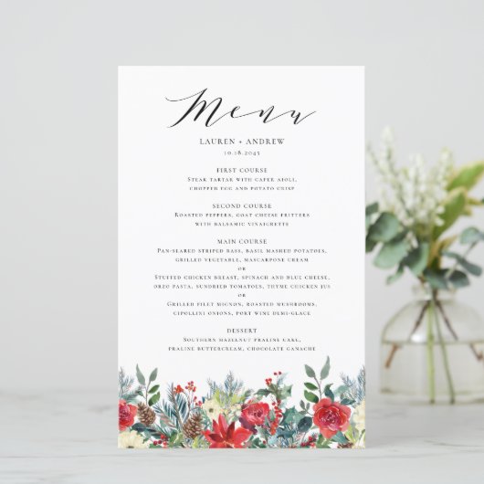 Carte menu Mariage Watercolor Winter Blooms Garlan (Debout devant)