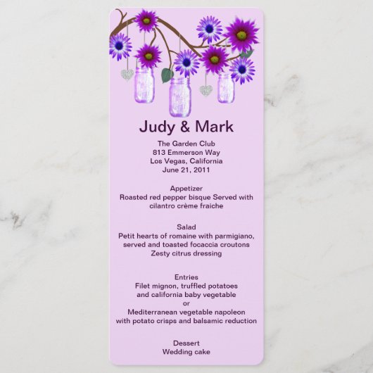 Carte menu Mason Jars aux fleurs violettes (Devant)