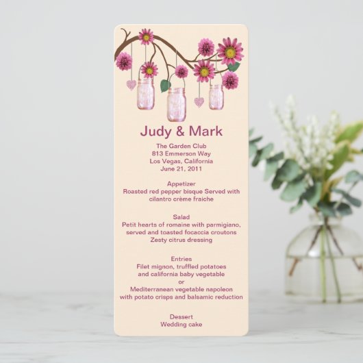 Carte Menu Mason Jars Fleurs Roses (Debout devant)