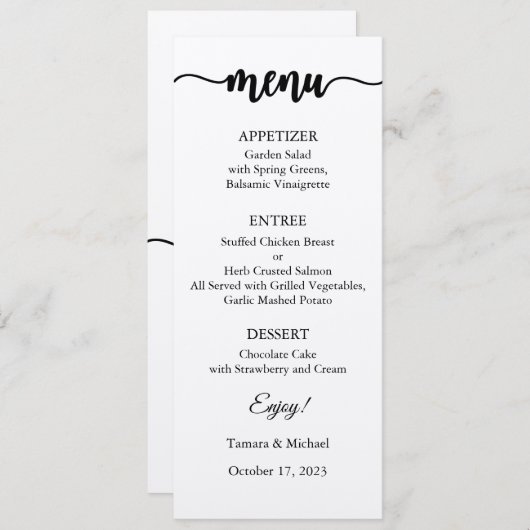 Carte Menu, Menu Mariage, Dîner, Déjeuner (Devant / Derrière)