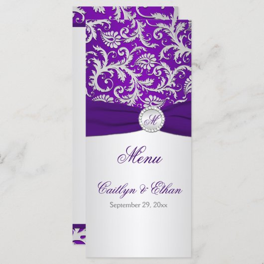 Carte menu Monogram Purple and Silver Damask (Devant / Derrière)