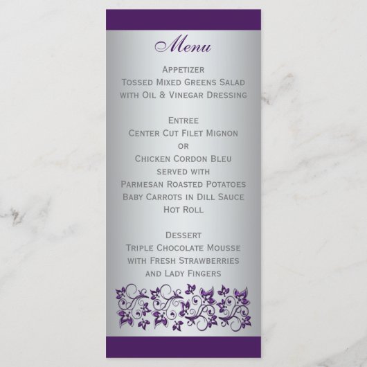 Carte menu Monogram Purple, Silver Grey Floral (Dos)