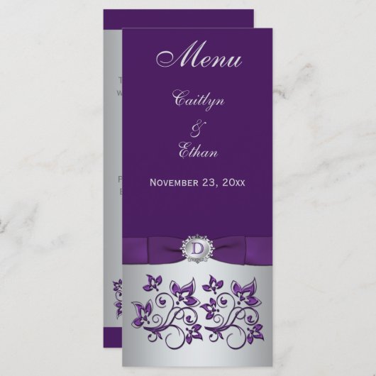 Carte menu Monogram Purple, Silver Grey Floral (Devant / Derrière)