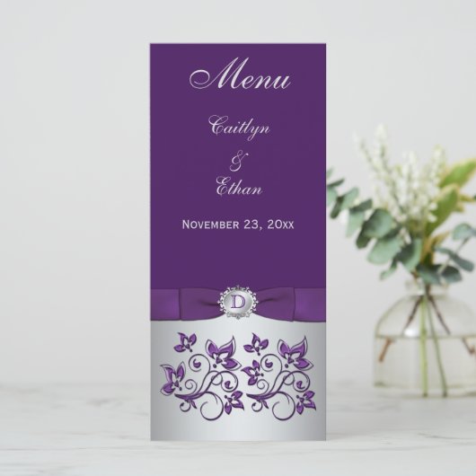 Carte menu Monogram Purple, Silver Grey Floral (Debout devant)