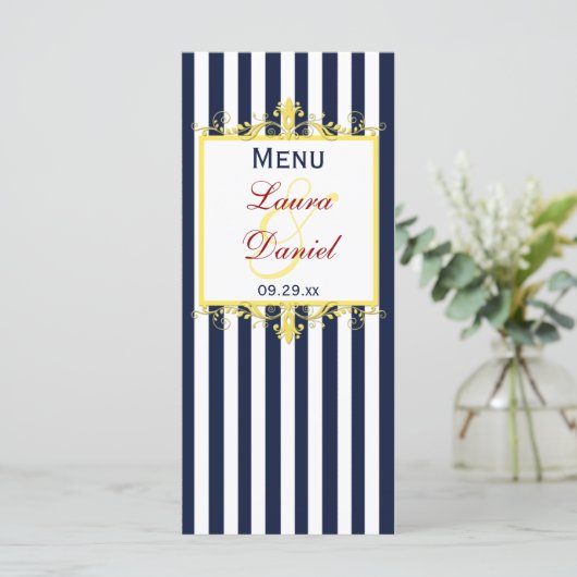 Carte menu Navy White Yellow Red Stripes, Parchemi (Debout devant)