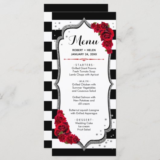 Carte Menu - Noir Blanc Rouge Argent (Devant / Derrière)
