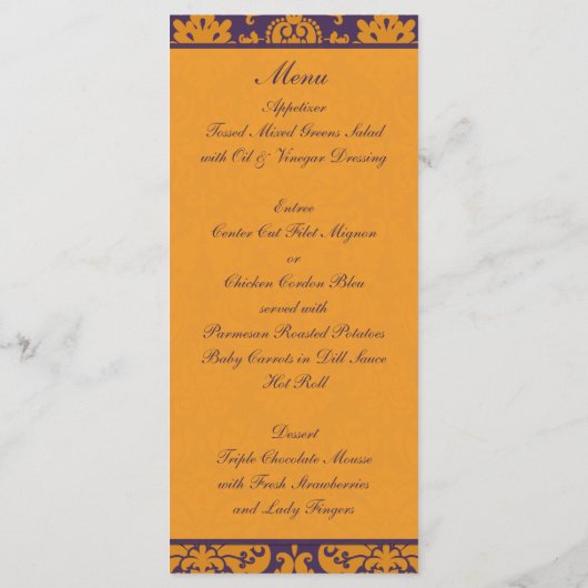 Carte menu Orange et Purple Damask (Dos)