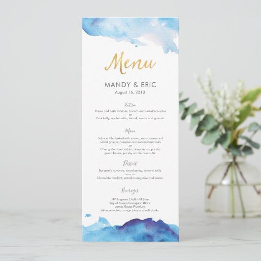 Carte menu ou programme Blue watercolor (Debout devant)