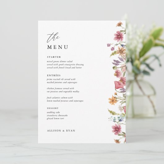 Carte menu plat 5 x 7" Floral Mariage Table Menu (Debout devant)