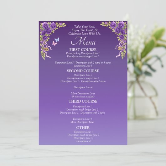 Carte menu plus grande - Fleurs mauves violettes e (Debout devant)