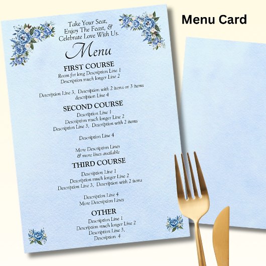 Carte menu plus grande - Jeu de Mariages Blue Peon