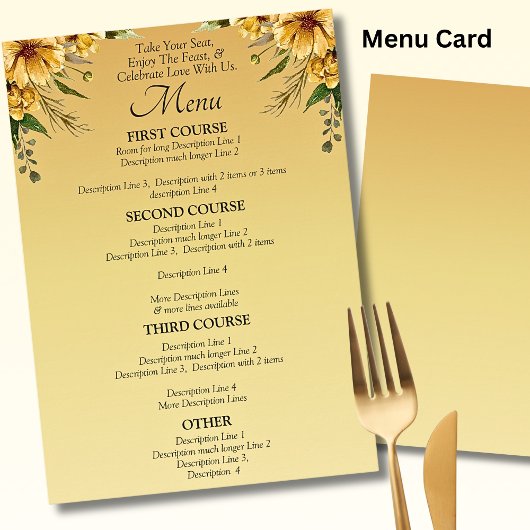 Carte menu plus grande - Suite Mariage jaune doré