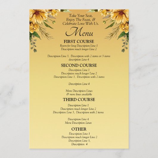 Carte menu plus grande - Suite Mariage jaune doré (Devant)