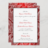 Carte Menu Red Shimmer Satin White Lace Paisley (Devant / Derrière)