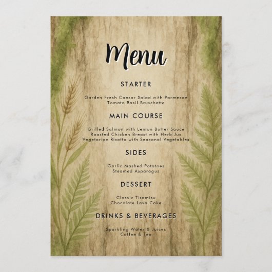 Carte menu Rustic Bark and Moss Forest Mariage (Devant)
