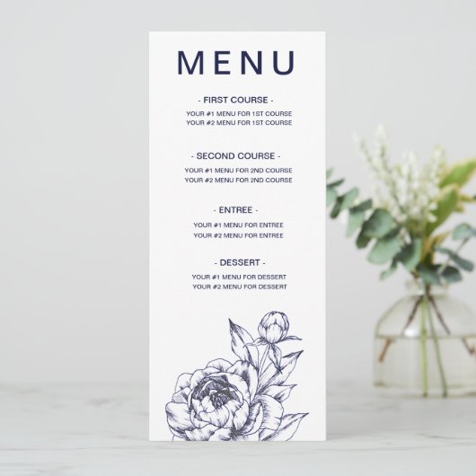Carte menu simple Navy Peony (Debout devant)