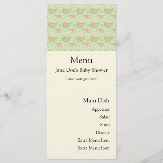 Carte Menu Vert Et Rose Paisley (Devant)