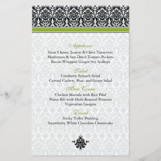 Carte menu verte, noire, blanche Damas (Devant)