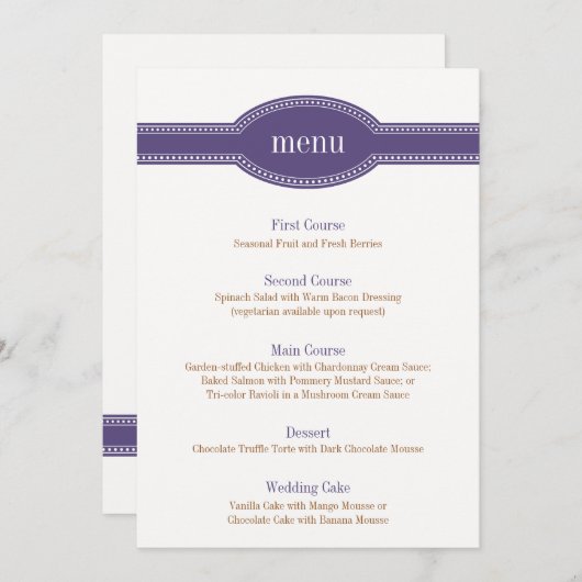 Carte Menu violet, Collection Mariage Caroline (Devant / Derrière)