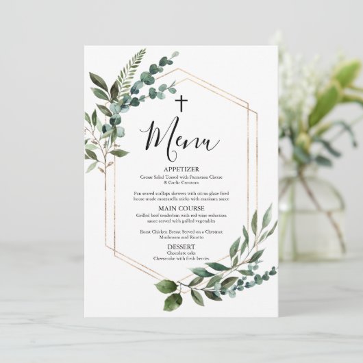Carte menu Watercolor Greenery Gold Cross Baptism (Debout devant)