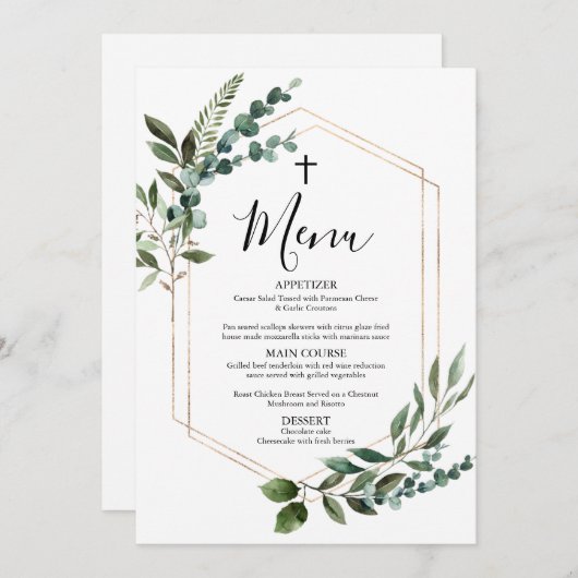 Carte menu Watercolor Greenery Gold Cross Baptism (Devant / Derrière)