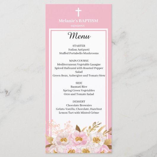 Carte menu Watercolor Pink floral Baptism (Devant)