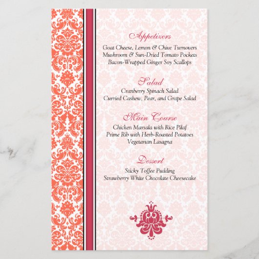 Carte menu Watermelon Coral Damask Version 2 (Devant)