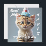 Carte Meow! Meow! Joyeux Anniversaire<br><div class="desc">Découvrez notre carte de vœux "Meow! Meow! Joyeux Anniversaire" - une façon délicieusement parfaite d'envoyer des vœux d'anniversaire à tout amateur de félins ! Ce design charmant présente un chat rayé noir,  brun et blanc fantaisiste,  portant fièrement un chapeau d'anniversaire,  prêt à faire sourire votre proche.</div>