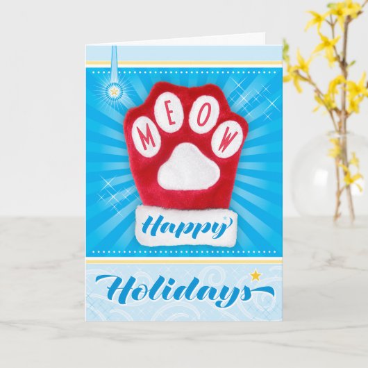 Carte MEOW Red Paw Chat Noël Mitten Joyeuses Fêtes (Fleur jaune)